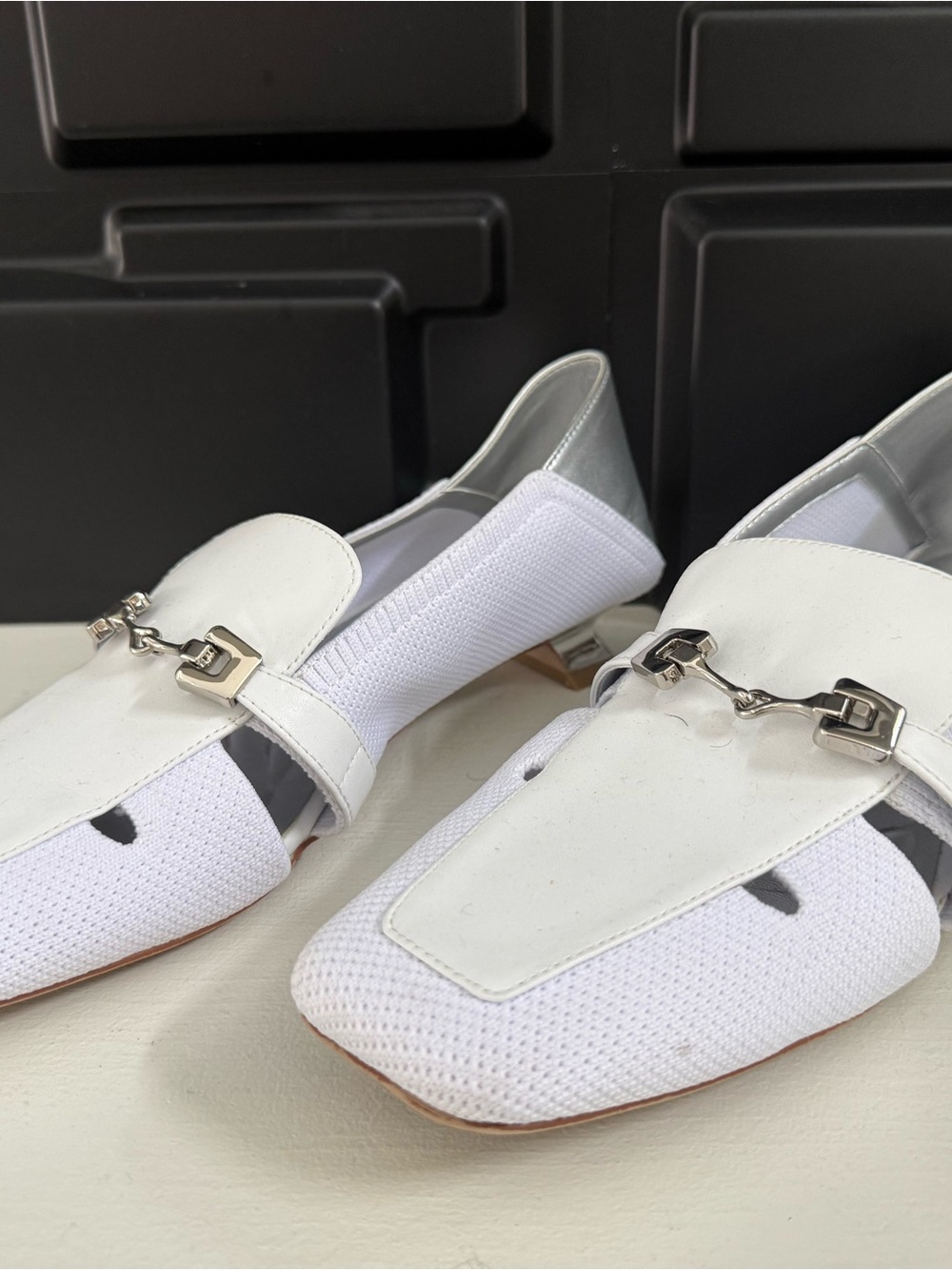 White Cosy Island Women’s Slip-On Loafers with Silver Bit & Heel Size 8